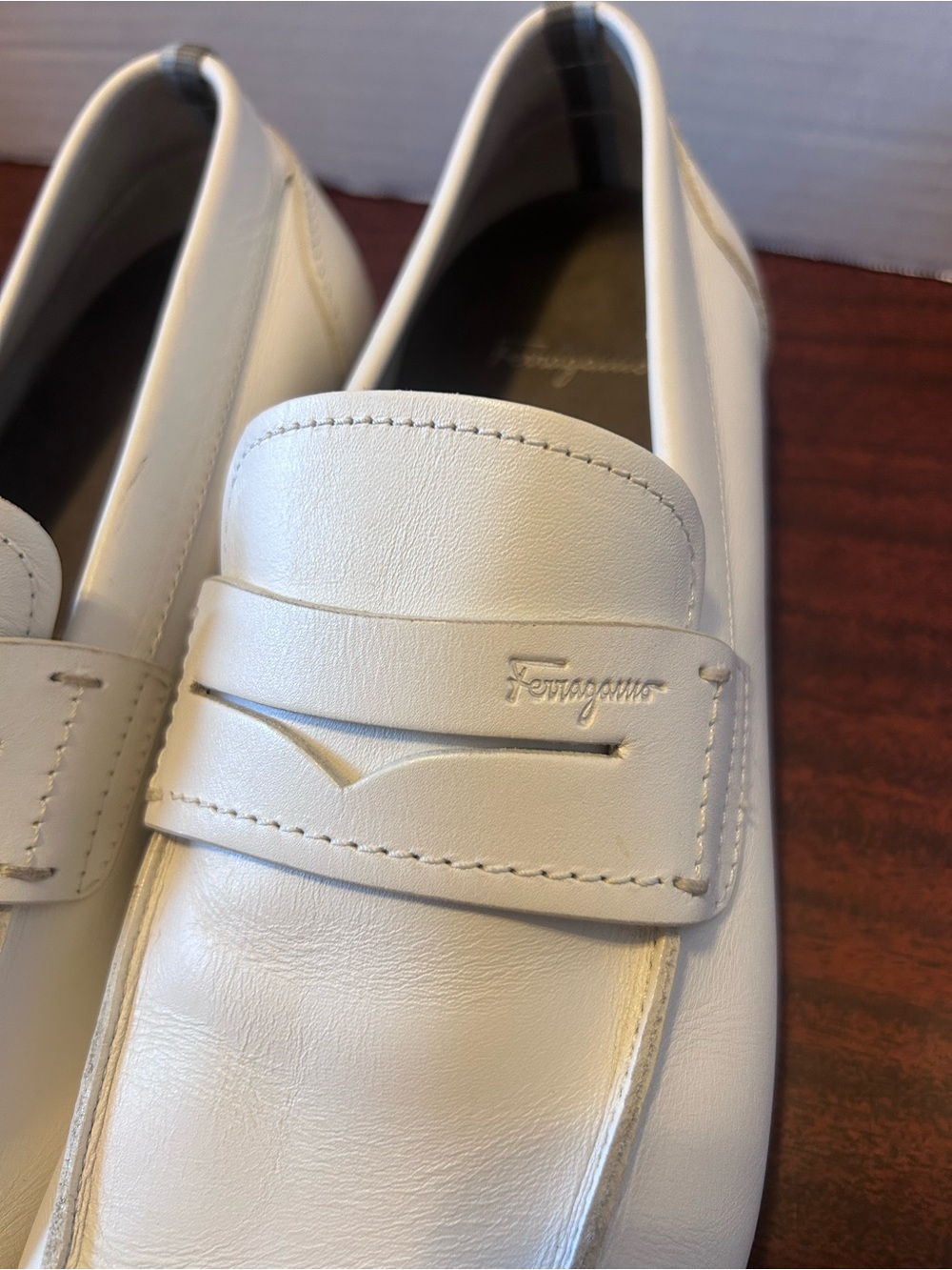 Salvatore Ferragamo Men’s White Leather Penny Loafers - Picture 3 of 9